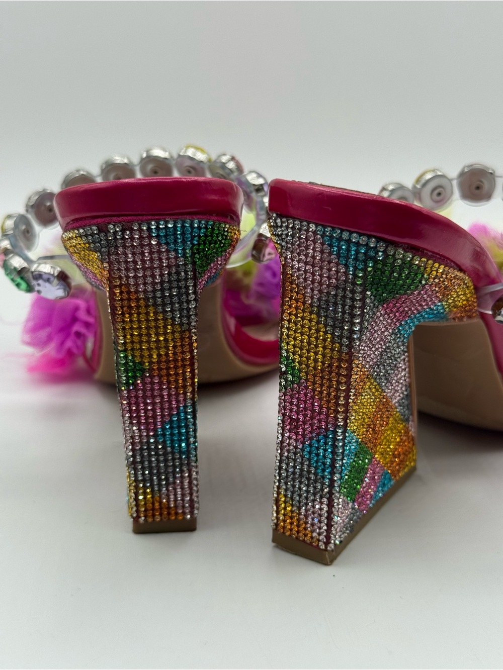 Betsey Johnson Attica Rhinestone Pink Embellished Sandals Pom Pom Statement Mule - Picture 9 of 17